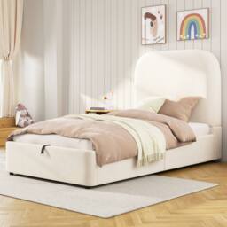 BTM 3ft Single Upholstered Hydraulic Storage Bed Frame Velvet Beige - thumbnail 2