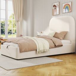BTM 3ft Single Upholstered Hydraulic Storage Bed Frame Velvet Beige - thumbnail 3