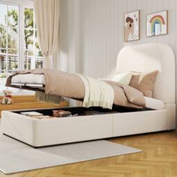 BTM 3ft Single Upholstered Hydraulic Storage Bed Frame Velvet Beige