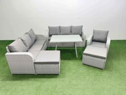 Fimous 6 Pieces Outdoor PE Rattan Garden Furniture with Big Stools Light Grey - thumbnail 1