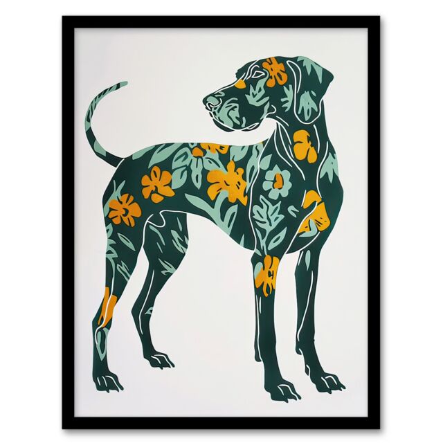 Artery8 Great Dane Dog Lover Green Orange Floral Pattern Framed Wall Art - Size: A4 - image 1