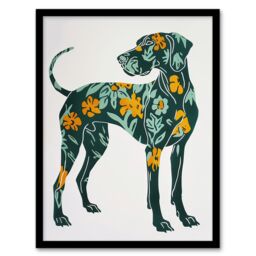Artery8 Great Dane Dog Lover Green Orange Floral Pattern Framed Wall Art - Size: A4 - thumbnail 1