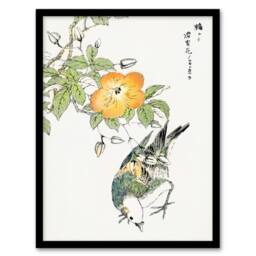 Artery8 Grey Starling Bird Tree Japanese Vintage Framed Wall Art Print Kashu - Size: A4 - thumbnail 1