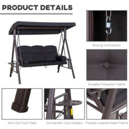 OUTSUNNY 3 Seat Garden Swing Chair Patio Steel Swing Bench w/ Cup Trays in Black - thumbnail 5