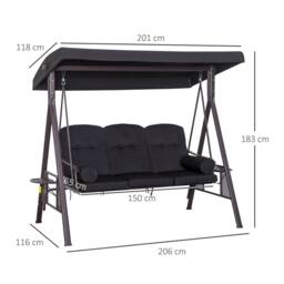 OUTSUNNY 3 Seat Garden Swing Chair Patio Steel Swing Bench w/ Cup Trays in Black - thumbnail 3