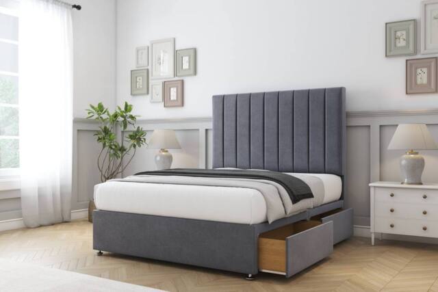 "Comfort Beds Tokyo Plush Divan Base 2 Drawers Right Side - 26"" Headboard in Dark Grey - Size: Small Single" - image 1