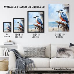 Artery8 Wall Art Print Bird by the Beach Kingfisher Portrait Oil Painting Framed in Blue - Size: A4 - thumbnail 3