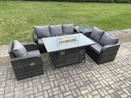 Fimous Garden Patio Furniture Wicker Rattan Gas Fire Pit Table & Sofa Chair set with Side Table in Dark Grey - thumbnail 3