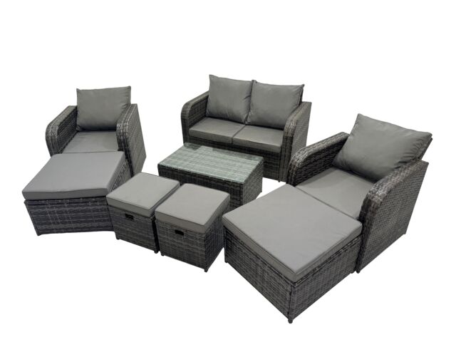 Fimous Garden Rattan Furniture Set 8 Seater with 4 Stools in Dark Grey
