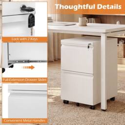 Costway 2-Drawer Mobile File Cabinet Rolling Metal Filing Cabinet w/2 Keys in White - thumbnail 9