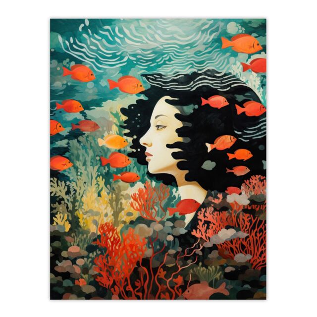 "Wee Blue Coo Wall Art Print Sleeping With Fishes Underwater Dream Living Room - Size: W18"" x H24""" - image 1
