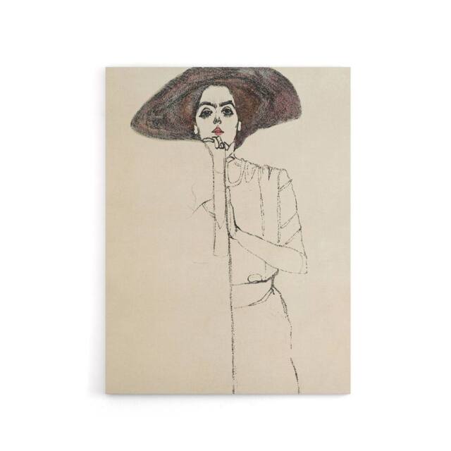 "Artery8 Portrait of a Woman with a Hat Canvas Wall Art Print Egon Schiele in Beige - Size: W18"" x H24""" - image 1