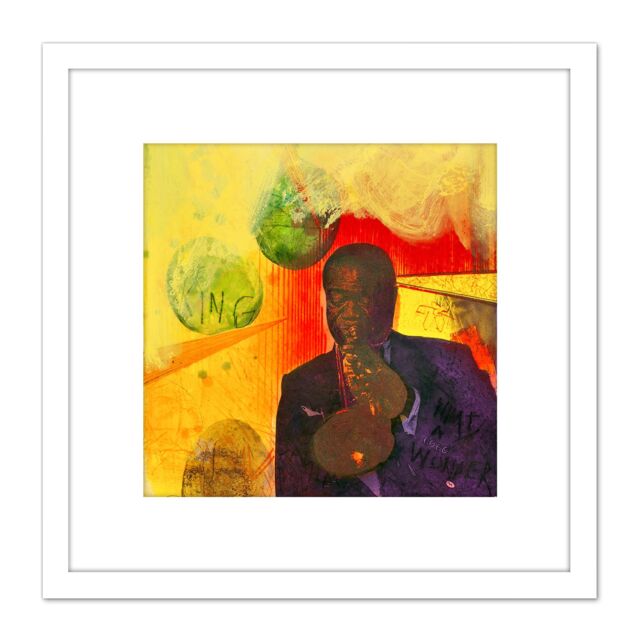 Artery8 Adi Holzer 899 Satchmo Louis Armstrong Painting 8X8 Inch Square Wooden Framed Wall Art Print Picture with Mount in White - image 1