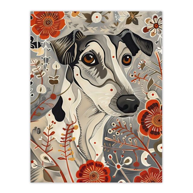 "Artery8 Dog Lover Jack Russell Terrier Pet in Wildflowers Wall Art Print in Grey - Size: W12"" x H16""" - image 1