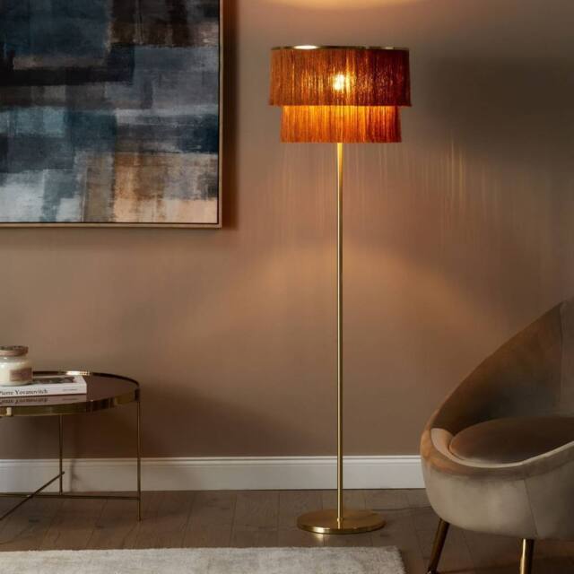 Wyld and Coco 137cm Floor Lamp - Brown Linen Shade with Tassel Fringe Gold Iron Base - image 1