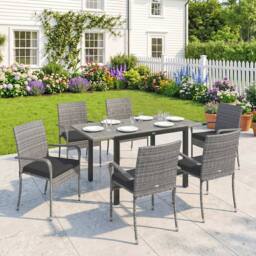 OUTSUNNY 6 Seater Rattan Garden Furniture Set with Stackable Chairs in Light Grey - Size: 150 cm x 80 cm - thumbnail 1