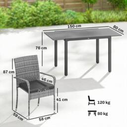 OUTSUNNY 6 Seater Rattan Garden Furniture Set with Stackable Chairs in Light Grey - Size: 150 cm x 80 cm - thumbnail 3