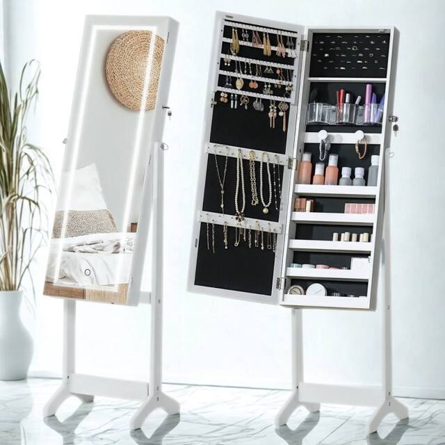 FURNOS Free Standing Mirror Lockable Jewellery Cabinet 360 Swivel in White - image 1