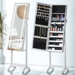 FURNOS Free Standing Mirror Lockable Jewellery Cabinet 360 Swivel in White