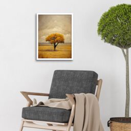 "Artery8 Wall Art Print Lone Tree Autumn Landscape Gold Yellow Mustard Art Framed in White - Size: W12"" x H16""" - thumbnail 2