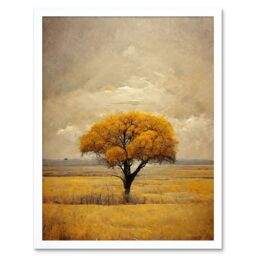 "Artery8 Wall Art Print Lone Tree Autumn Landscape Gold Yellow Mustard Art Framed in White - Size: W12"" x H16""" - thumbnail 1