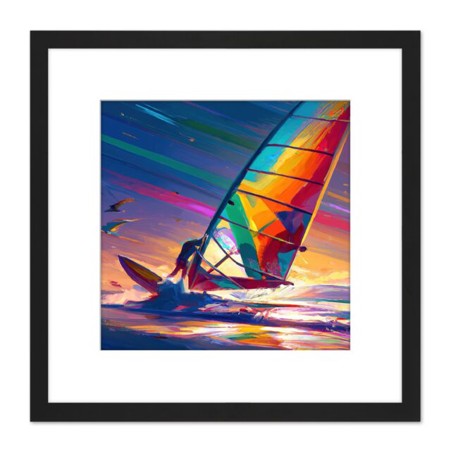 Artery8 Windsurfer Windsurfing Retro Vibrant Multicoloured Bright Watercolour Water Sport Square Wooden Framed Wall Art Print Picture 8X8 Inch - image 1