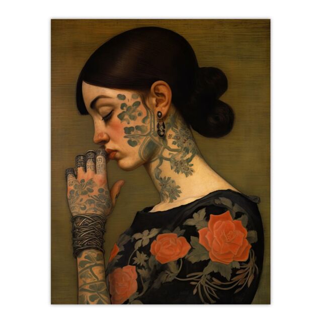 "Wee Blue Coo Wall Art Print Dare To Be Different Tattooed Female Living Room in Brown - Size: W24"" x H32""" - image 1