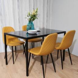 KOSY KOALA Modern Black Glass Dining Table Set with 4 Mustard Faux Leather Chairs - Size: 120 cm x 70 cm
