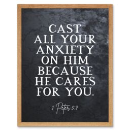 "Artery8 Wall Art Print 1 Peter 5:7 Cast All Your Anxiety On Him Christian Bible Verse Quote Scripture Typography Art Framed - Size: W12"" x H16""" - thumbnail 1