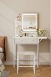 Living and Home LED Mirror Dressing Table and Stool Set with Power Strip in White - thumbnail 2