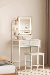 Living and Home LED Mirror Dressing Table and Stool Set with Power Strip in White - thumbnail 3