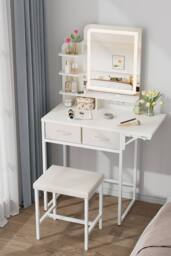 Living and Home LED Mirror Dressing Table and Stool Set with Power Strip in White - thumbnail 4