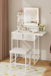Living and Home LED Mirror Dressing Table and Stool Set with Power Strip in White - thumbnail 1