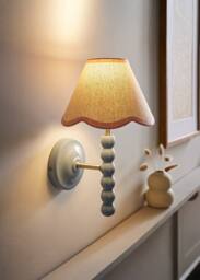 ValueLights Bobbins Powder Blue Bobble Wall Light & Linen Pastel Trim Lamp Shade in Pale Pink