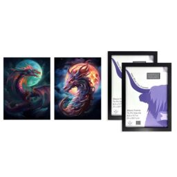 Artery8 A4 Wall Art & Frame Set of 2 Dragon Moon Fantasy Mystical Serpent in Dark Blue - thumbnail 5