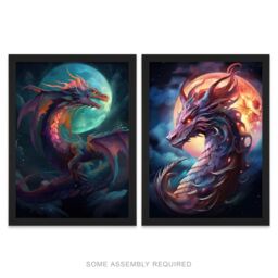 Artery8 A4 Wall Art & Frame Set of 2 Dragon Moon Fantasy Mystical Serpent in Dark Blue - thumbnail 1