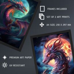 Artery8 A4 Wall Art & Frame Set of 2 Dragon Moon Fantasy Mystical Serpent in Dark Blue - thumbnail 3