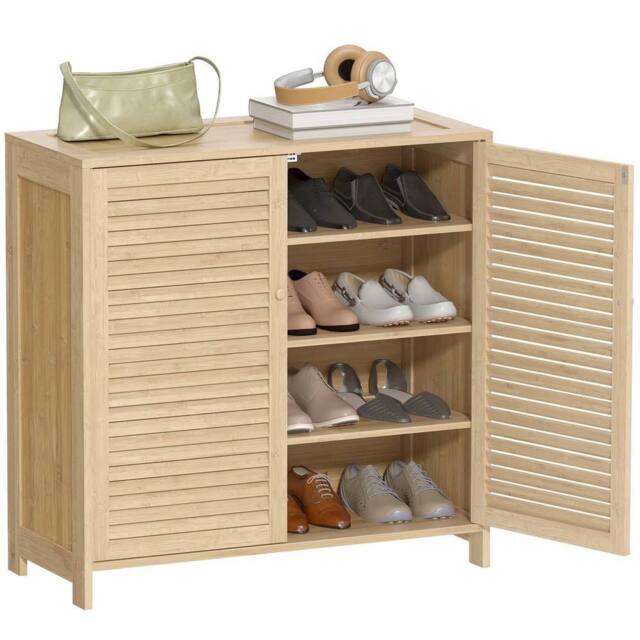 NESTLUNE Bamboo Shoe Cabinet with Louvered Doors 14 Pairs Shoe in Beige - Size: 100 cm x 15 cm - image 1