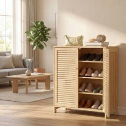 NESTLUNE Bamboo Shoe Cabinet with Louvered Doors 14 Pairs Shoe in Beige - Size: 100 cm x 15 cm - thumbnail 6