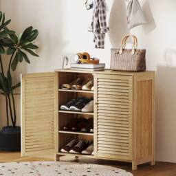 NESTLUNE Bamboo Shoe Cabinet with Louvered Doors 14 Pairs Shoe in Beige - Size: 100 cm x 15 cm - thumbnail 3