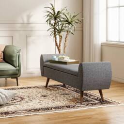 KORVIXA 150cm Ottoman Stool Storage Box Linen Padded Seat in Grey - Size: 0.6m2 - thumbnail 4