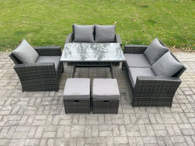 Fimous Wicker PE Rattan Garden Dining Set Outdoor Furniture Sofa with Rectangular Dining Table Love Seat Sofa 2 Small Footstools in Dark Grey