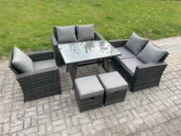 Fimous Wicker PE Rattan Garden Dining Set Outdoor Furniture Sofa with Rectangular Dining Table Love Seat Sofa 2 Small Footstools in Dark Grey - thumbnail 2