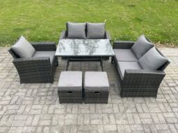 Fimous Wicker PE Rattan Garden Dining Set Outdoor Furniture Sofa with Rectangular Dining Table Love Seat Sofa 2 Small Footstools in Dark Grey - thumbnail 1