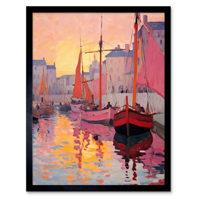 "Artery8 Wall Art Print Sailboats Reflecting in Harbour Water Pink Orange Sunset Oil Painting Anchoring by Promenade Art Framed - Size: W12"" x H16""" - image 1