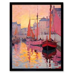 "Artery8 Wall Art Print Sailboats Reflecting in Harbour Water Pink Orange Sunset Oil Painting Anchoring by Promenade Art Framed - Size: W12"" x H16""" - thumbnail 1