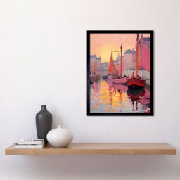 "Artery8 Wall Art Print Sailboats Reflecting in Harbour Water Pink Orange Sunset Oil Painting Anchoring by Promenade Art Framed - Size: W12"" x H16""" - thumbnail 2