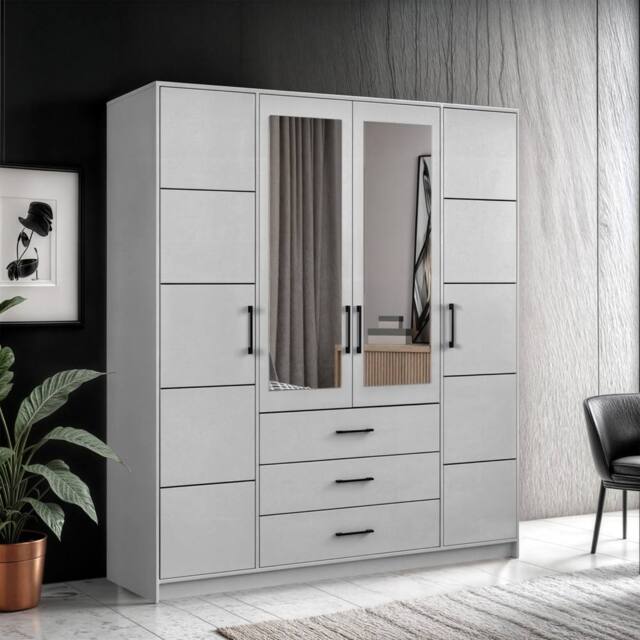 Sliding Wardrobes 4U Modern Four Door Hinged Wardrobe with Mirror 200cm x 200cm in Grey - Size: 200 cm x 200 cm - image 1