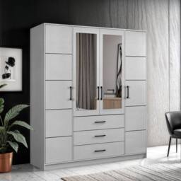 Sliding Wardrobes 4U Modern Four Door Hinged Wardrobe with Mirror 200cm x 200cm in Grey - Size: 200 cm x 200 cm - thumbnail 1