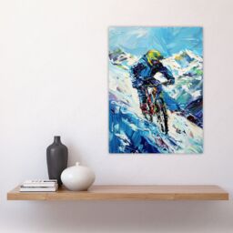"Artery8 Snow Mountain Biker Snowbike Race Sport Painting Wall Art Print in Blue - Size: W24"" x H32""" - thumbnail 4